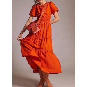 NWOT Quince Vermilion Red 100% Organic Cotton Poplin Tiered Maxi Dress Large